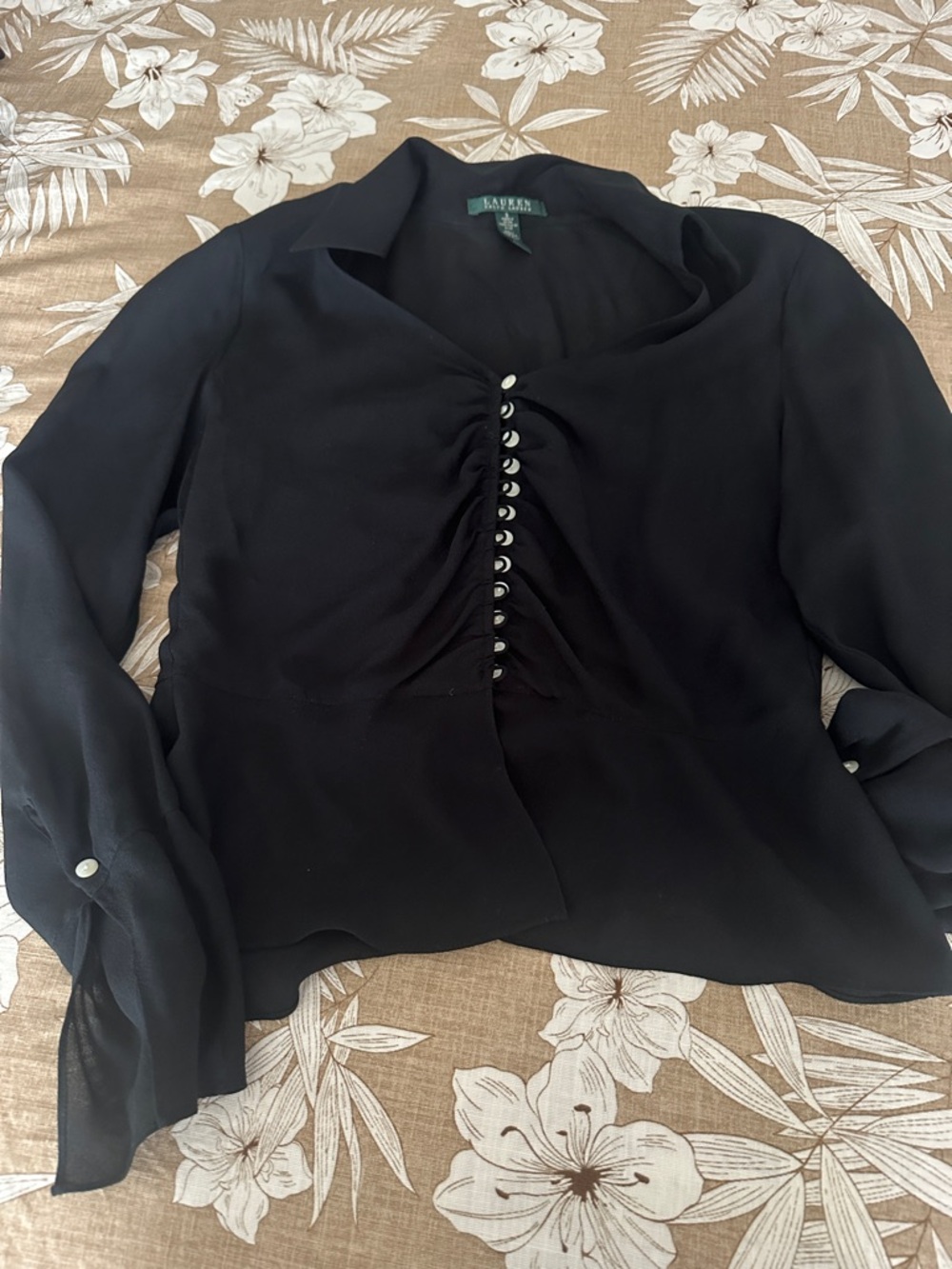 Lauren Ralph Lauren Black Long-Sleeve Blouse with Front Pearl Buttons